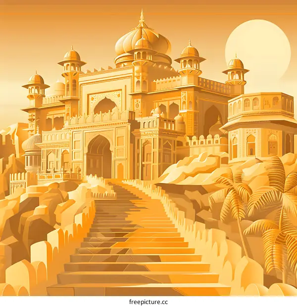 Golden Palace Illustration with Stairs Leading to a City