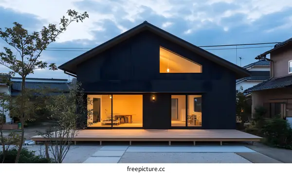 Modern Black House with Wooden Deck and Triangular Window