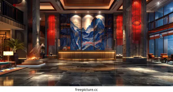 Luxurious Hotel Lobby Interior Design With Asian Aesthetics