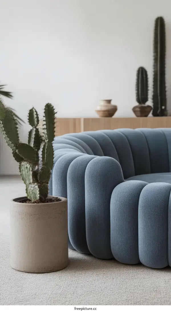 Modern Plush Sofa with Plant Accent