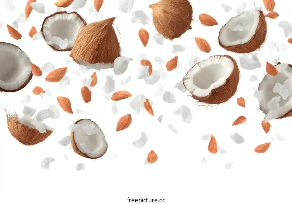 Flying Coconut and Almond Pieces on White Background