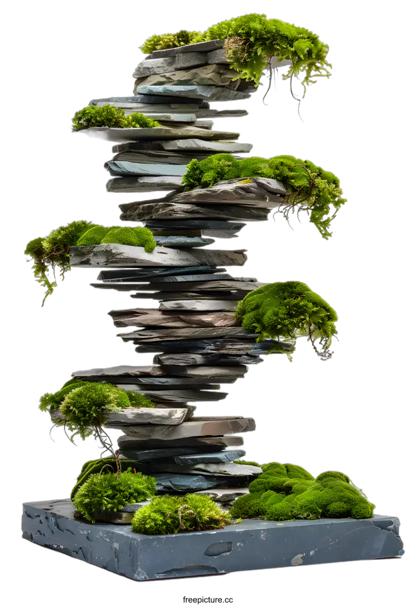 [Transparent Background PNG]Stacked Slate Stones With Green Moss on Top