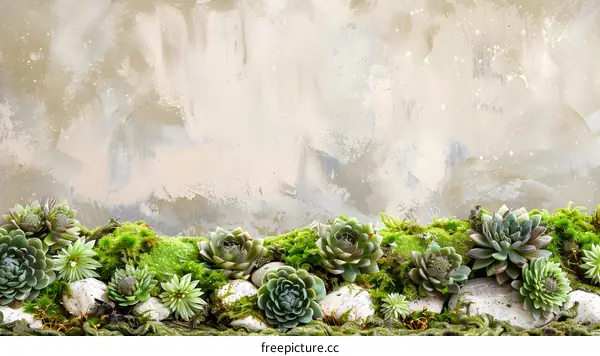 Green Succulents and Moss on a Light Grey Wall Background