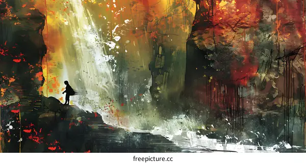 Abstract Painting of a Person Standing in Front of a Waterfall