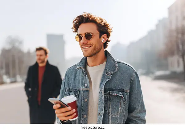 Two men walking in the city enjoying coffee and technology