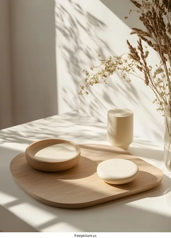 Minimalist Wooden Tray with Dried Flowers and Sunlight