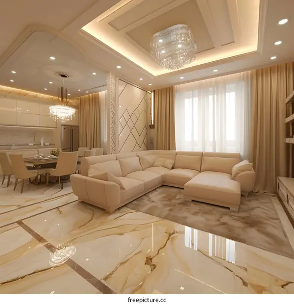 Modern Interior Design Living Room With Beige Sofa And Marble Floor
