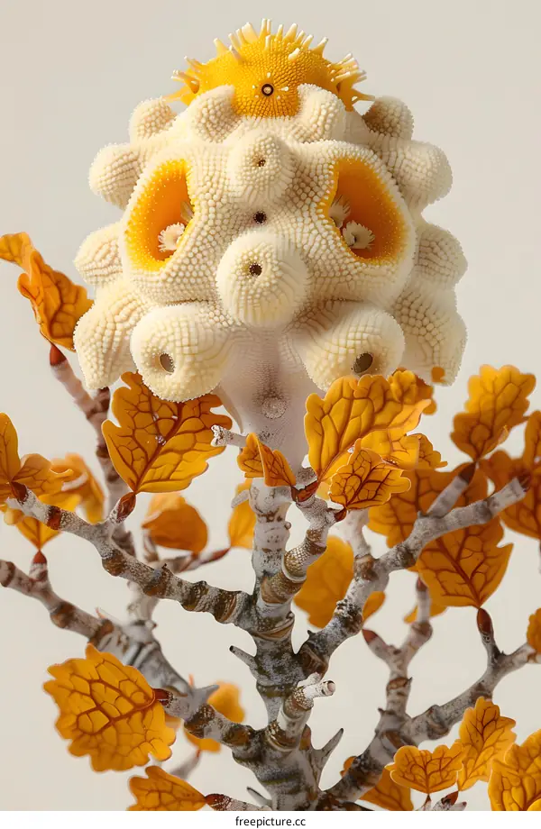 Strange flower on a branch with yellow leaves