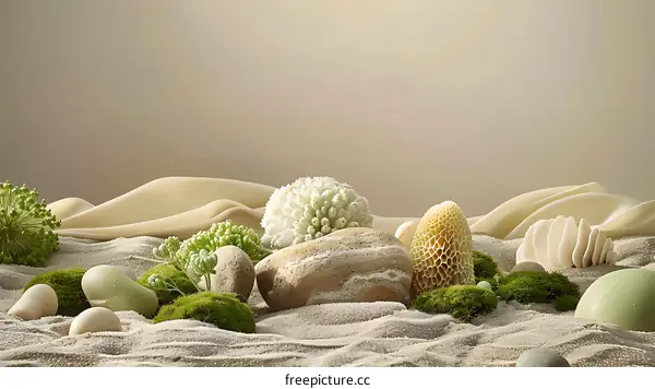 Minimalist Still Life with White and Green Elements on Sand