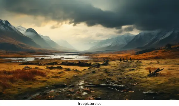Three people walking in a vast field with mountains in the distance