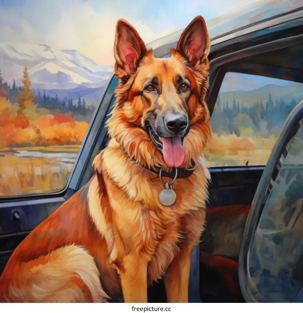 German Shepherd Dog sitting in a car with a beautiful mountain landscape in the background