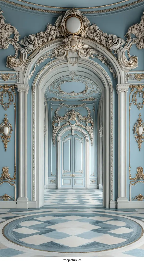 Elegant Blue Hallway with Ornate Architectural Details