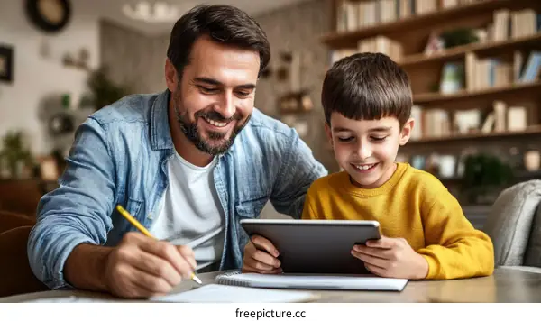Father and Son Studying Together at Home