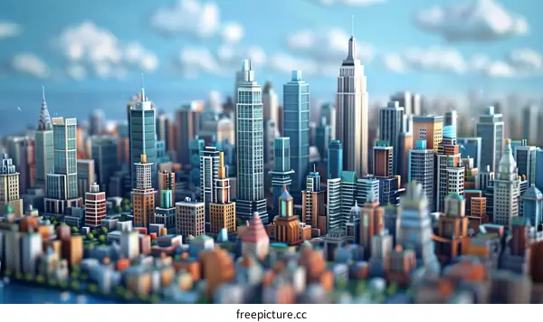 Miniature Cityscape with Skyscrapers and Blue Sky
