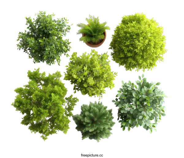 [Transparent Background PNG]Collection of Top-View Trees and Plants in Pots