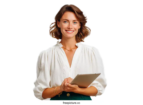 [Transparent Background PNG]Confident Woman Holding Tablet in Elegant Outfit