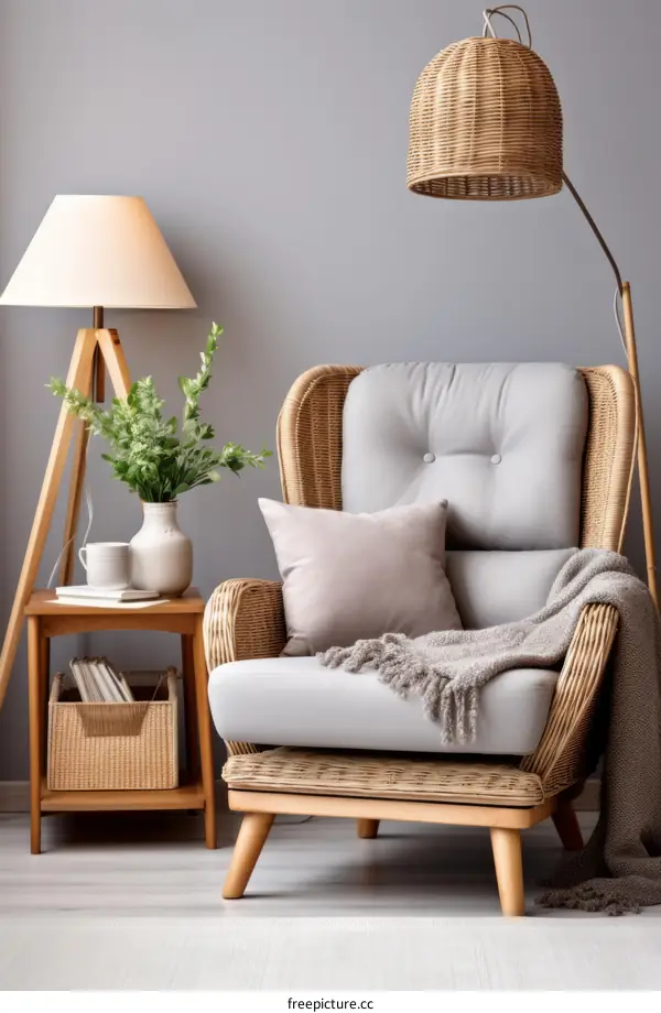 A cozy living room with a wicker chair, a lamp, and a side table