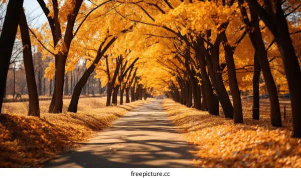 An Autumn Avenue of Trees With Yellow Leaves