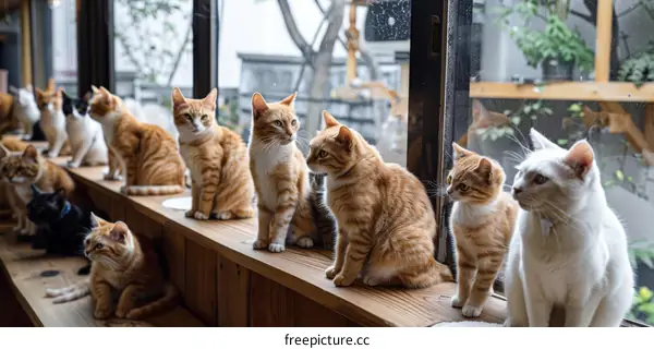 A group of cats sitting on a wooden shelf looking out the window