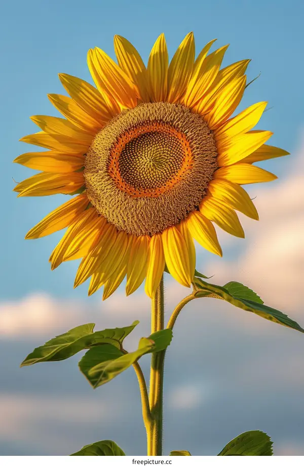 Single sunflower in full bloom against a blue sky