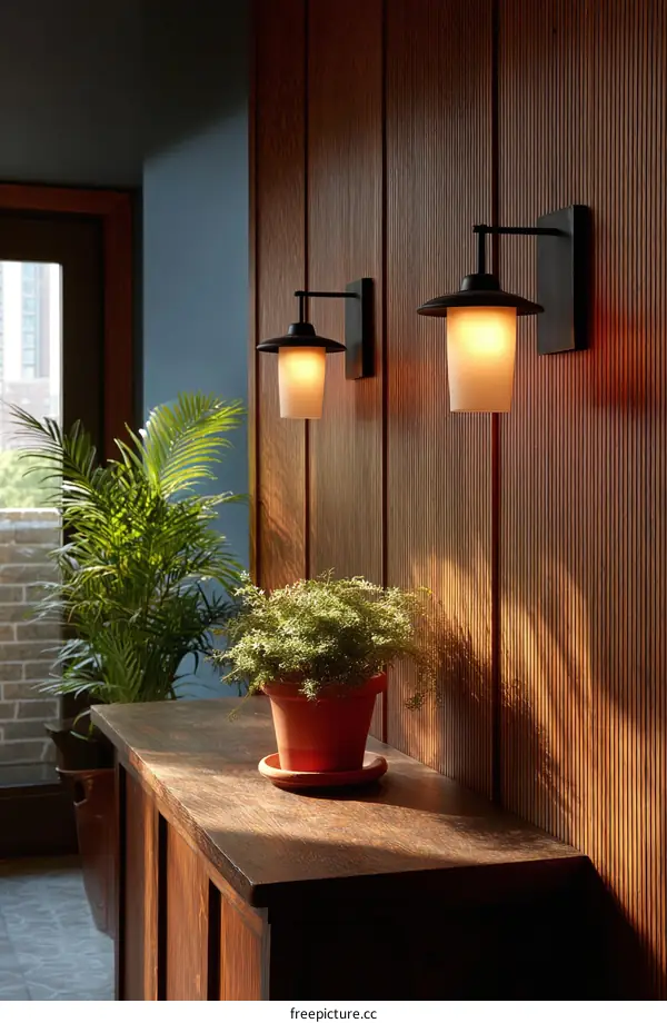 Stylish Wall Sconces in a Wooden Entryway