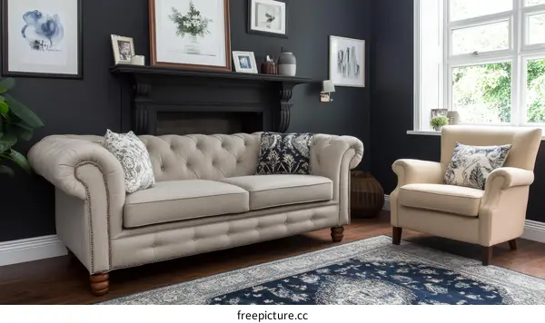 Elegant Living Room with Classic Sofa and Armchair