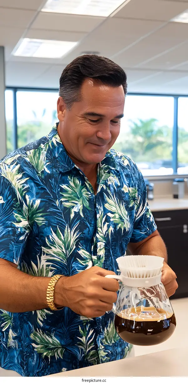 Man in Hawaiian Shirt Holding a Coffee Pot