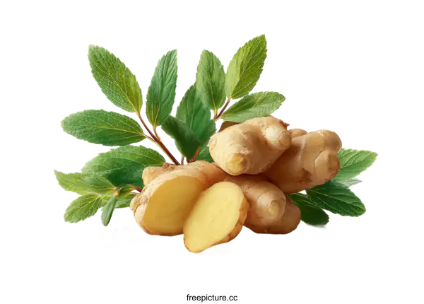 [Transparent Background PNG]Fresh Ginger Root with Leaves