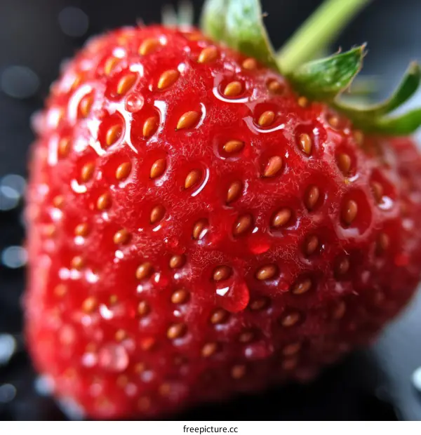 Close-up image of a fresh strawberry with water drops