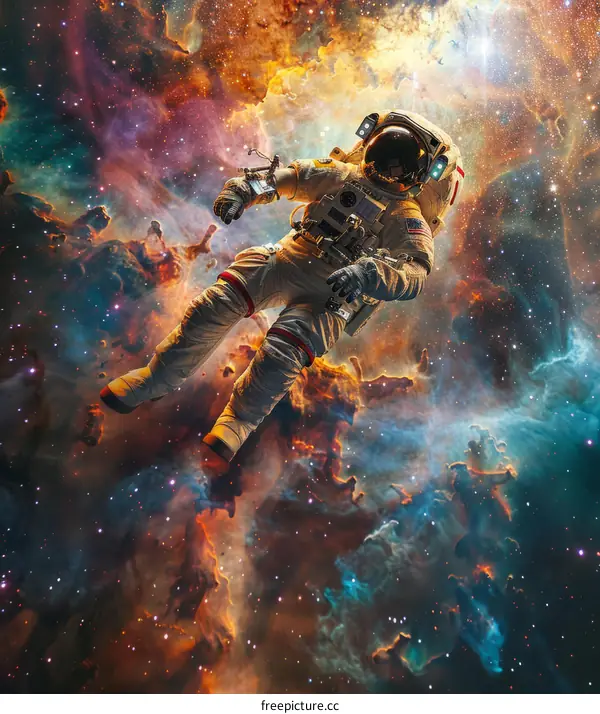 An astronaut in a spacesuit is floating in space against a backdrop of stars and colorful nebulae.