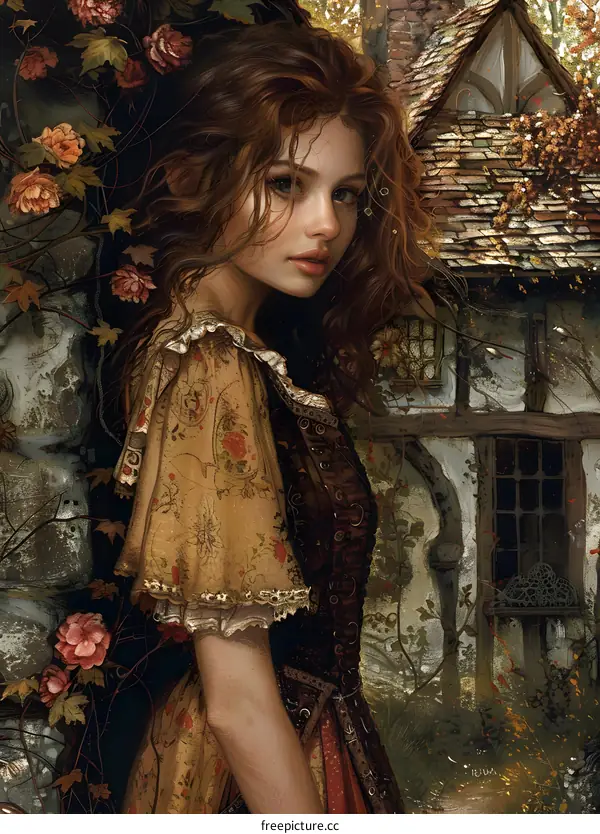 portrait of a beautiful woman in a yellow dress standing in front of a stone house