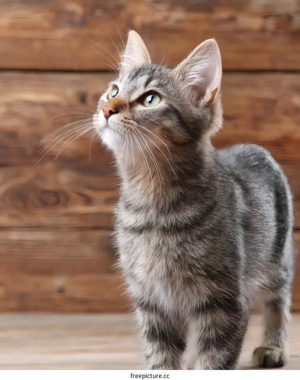 Adorable Kitten Looking Upward Against Wood Background