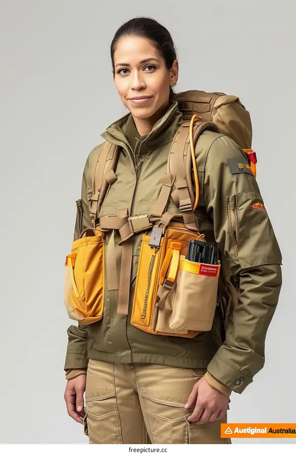 A female firefighter wearing a protective fire suit and backpack with a water hose