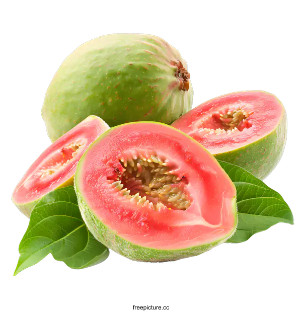 [Transparent Background PNG]Fresh pink guava with leaves
