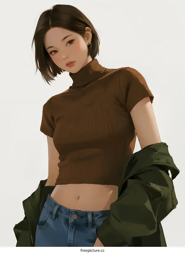 A Young Woman Wearing Brown Turtleneck Crop Top and Blue Jeans