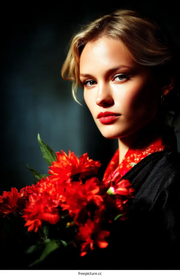 Beautiful Caucasian Woman with Red Flowers Portrait