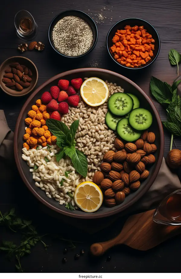 A bowl of delicious and healthy food including grains, nuts, fruits, and vegetables