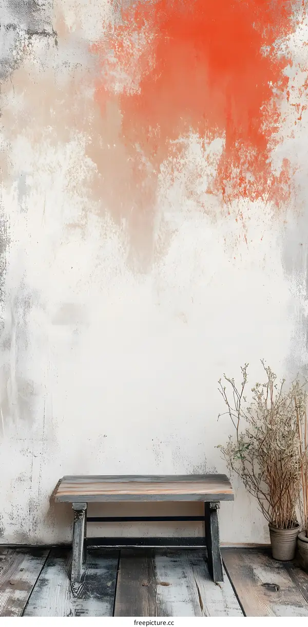 White Rustic Wall Background With Wooden Bench and Dried Plants