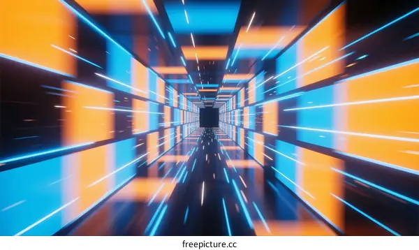 Neon-Lit Abstract Tunnel with Geometric Shapes and Speed Lines