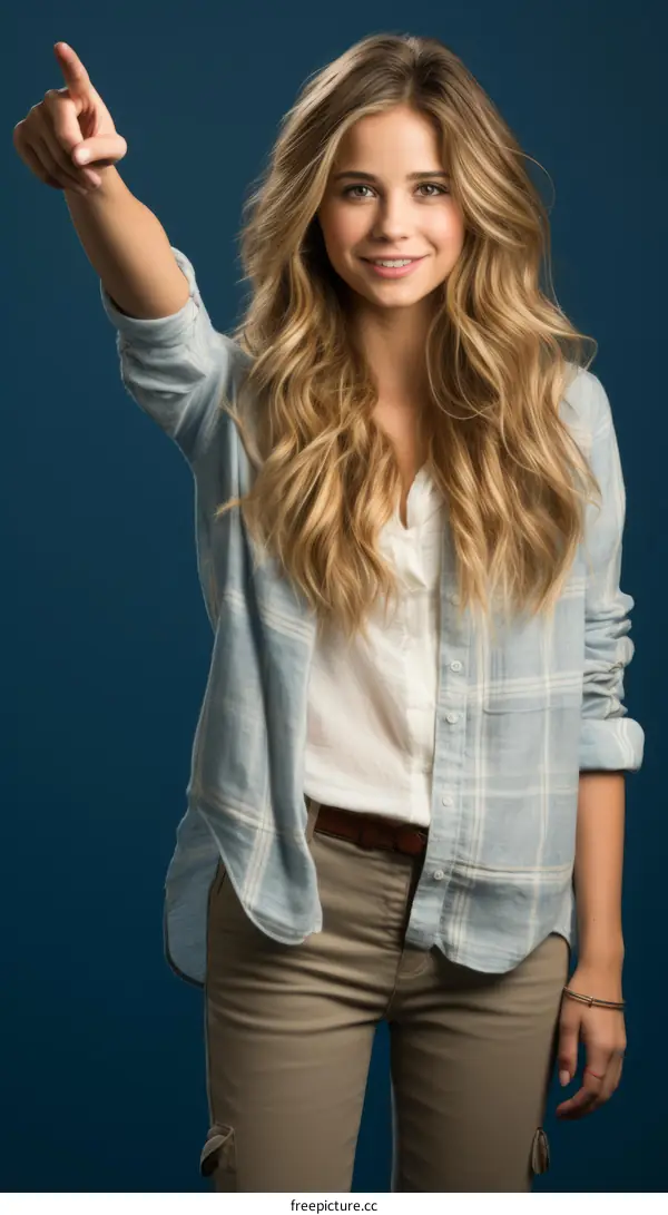 Portrait of a smiling young woman pointing
