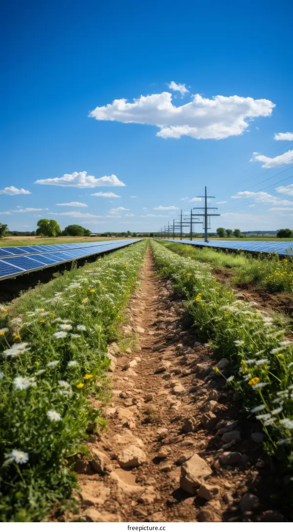 A dirt road through a large solar farm