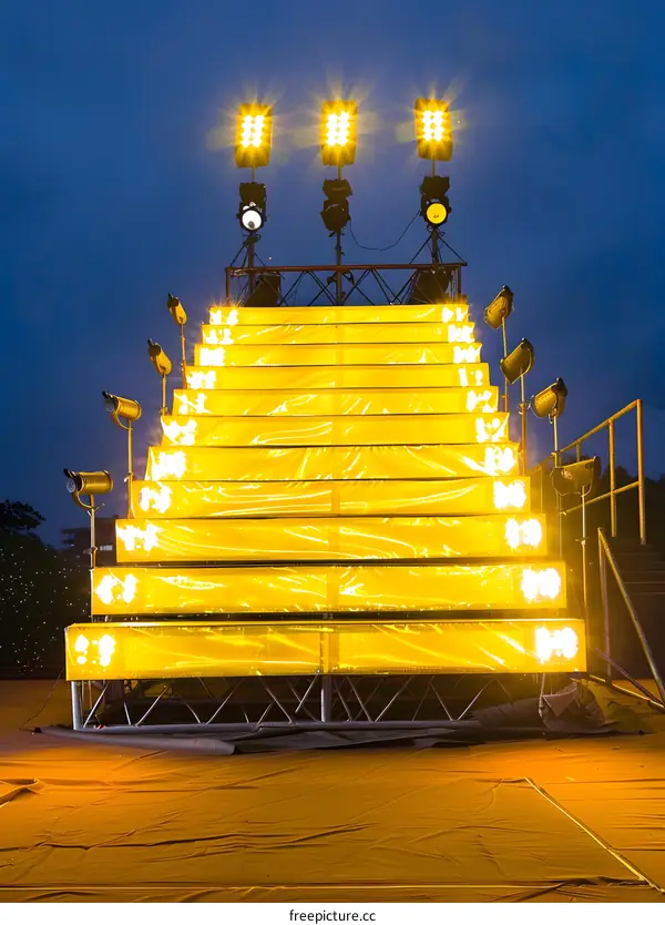 Illuminated Stage with Yellow Steps Under a Night Sky
