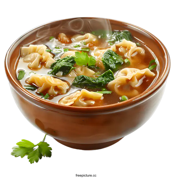 [Transparent Background PNG]Wonton soup with spinach and parsley