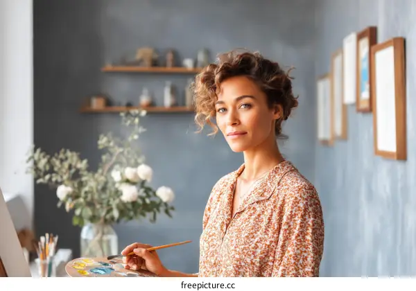Woman Artist Painting in Studio with Artwork Display