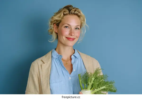 Woman Holding Fennel with Studio Background
