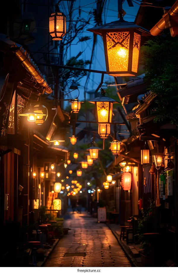 Illuminated alley with paper lanterns at dusk