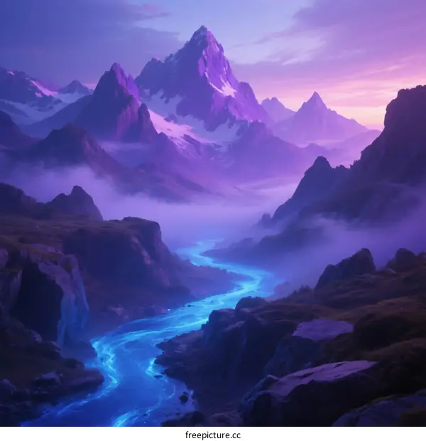 Enchanted Glowing River Flows Through Majestic Snowy Mountain Peaks