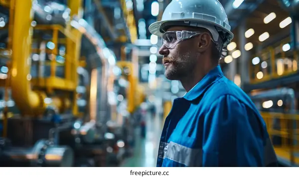 Portrait of a male worker wearing a hard hat and safety glasses in a factory