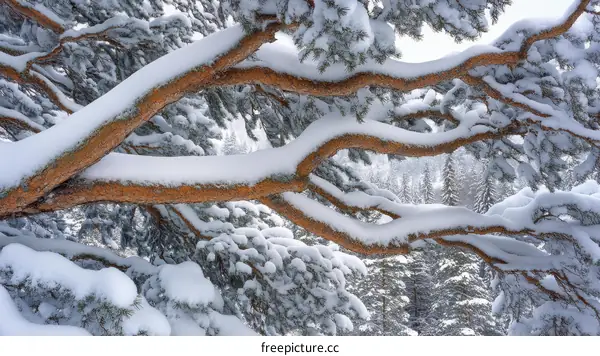 Snowy Pine Branches in Winter Forest