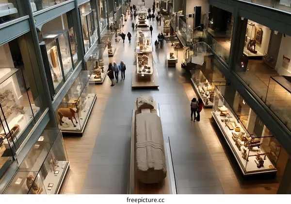 Museum Interior with Glass Cases and Exhibits